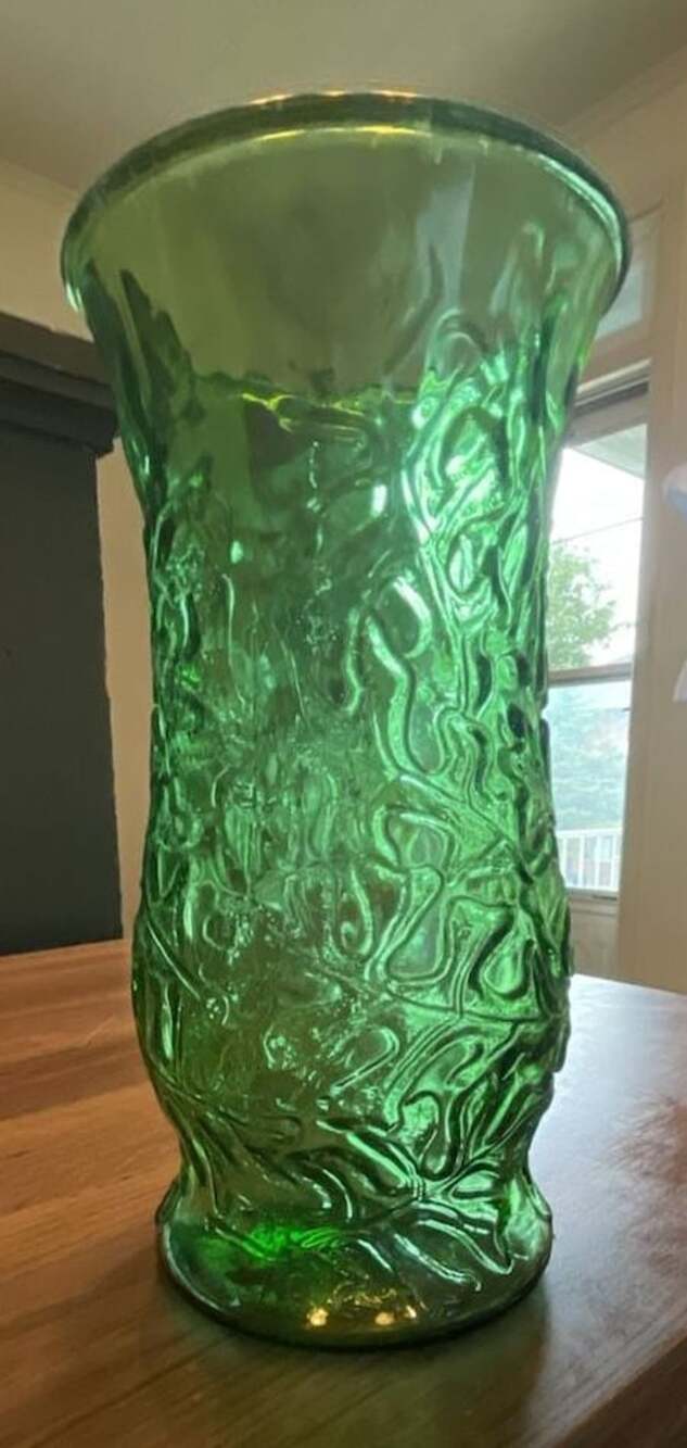 Vintage EO Brody Crinkle Green Monstera Floral Glass Vase MCM